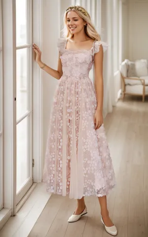 3D Floral lace ruffled straps tea-length prom dress