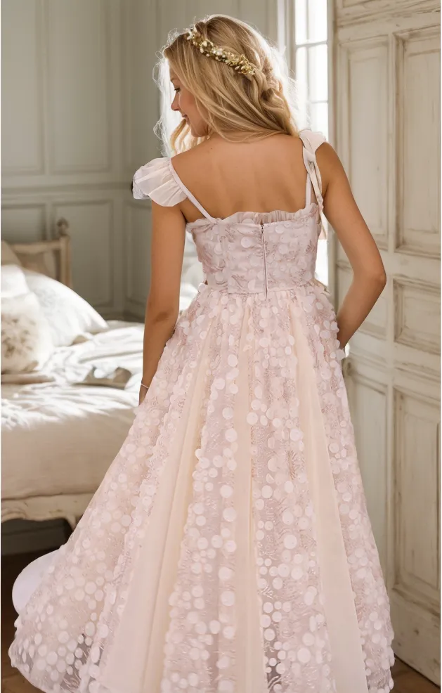 3D Floral lace ruffled straps tea-length prom dress