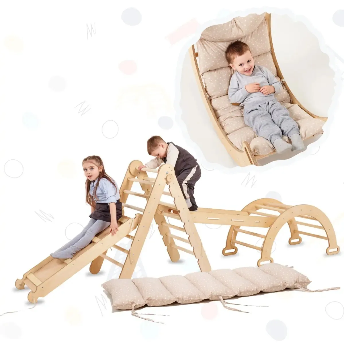 5in1 Montessori Climbing Frame Set: Triangle Ladder   Arch/Rocker   Slide Board/Ramp   Netting rope   Cushion