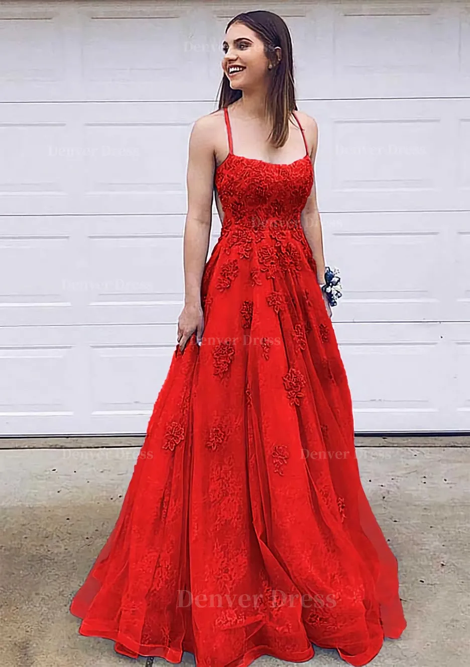 A-line Bateau Court Train Lace Prom Dress With Appliqued