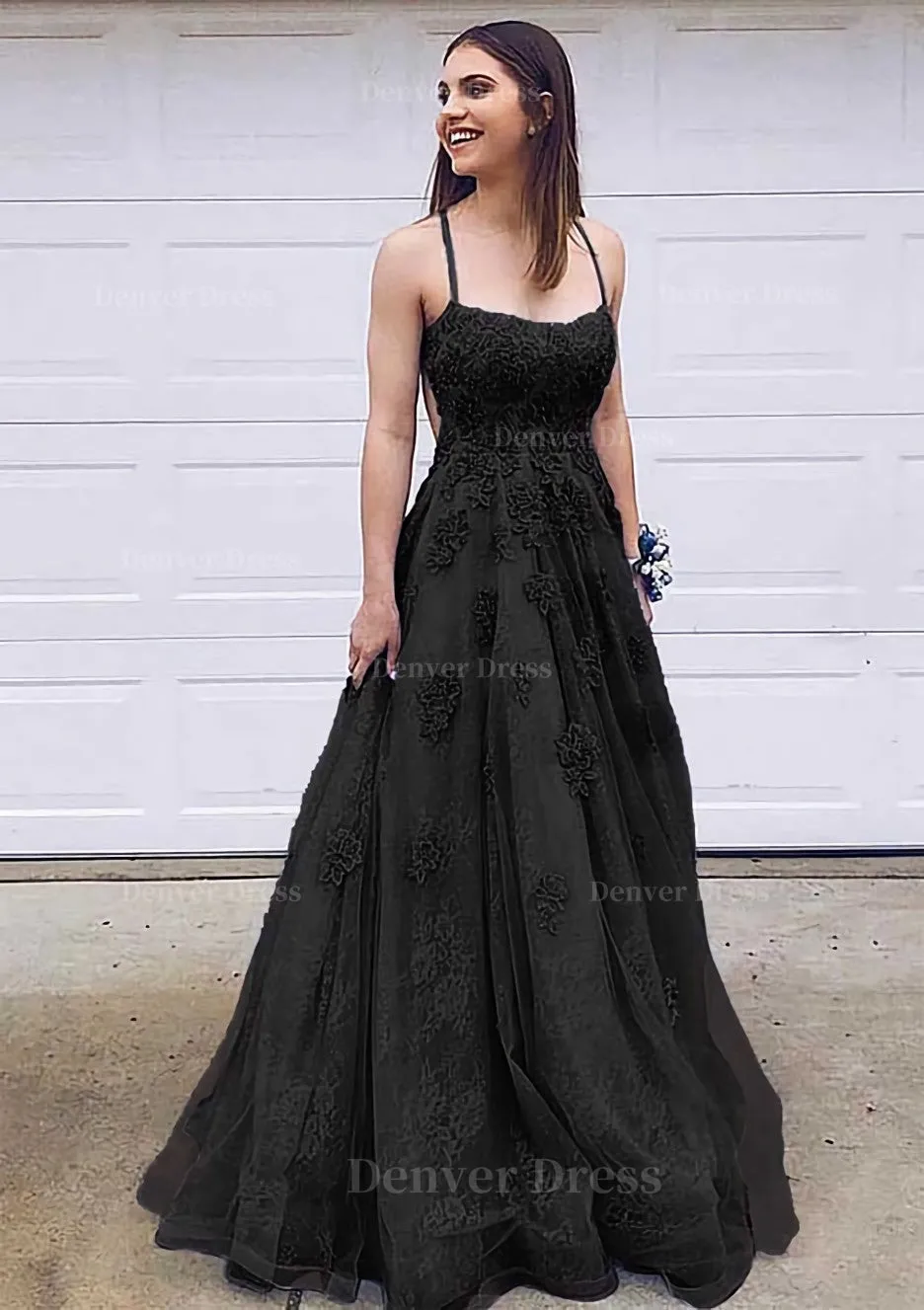 A-line Bateau Court Train Lace Prom Dress With Appliqued