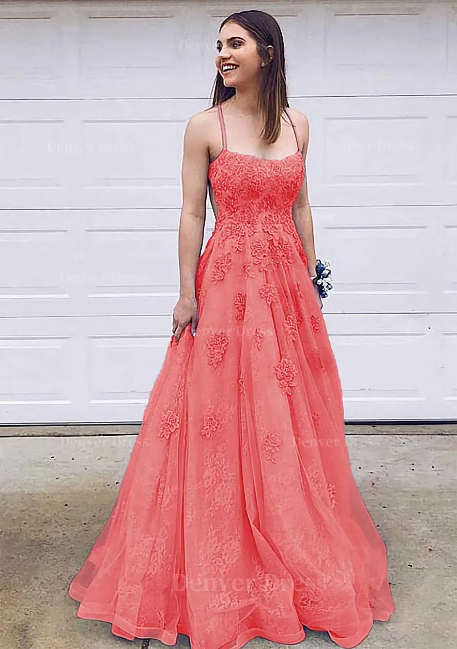 A-line Bateau Court Train Lace Prom Dress With Appliqued