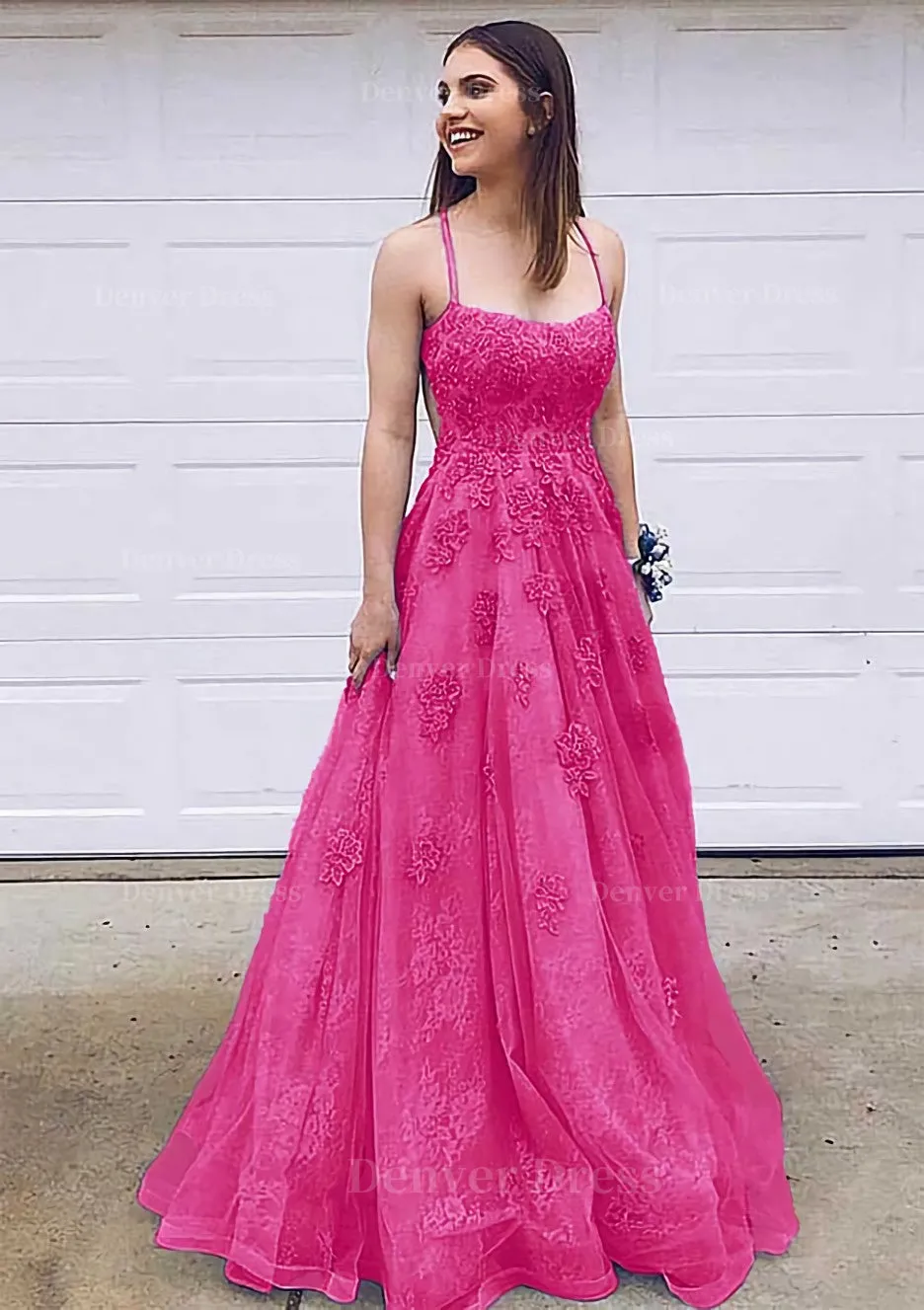 A-line Bateau Court Train Lace Prom Dress With Appliqued