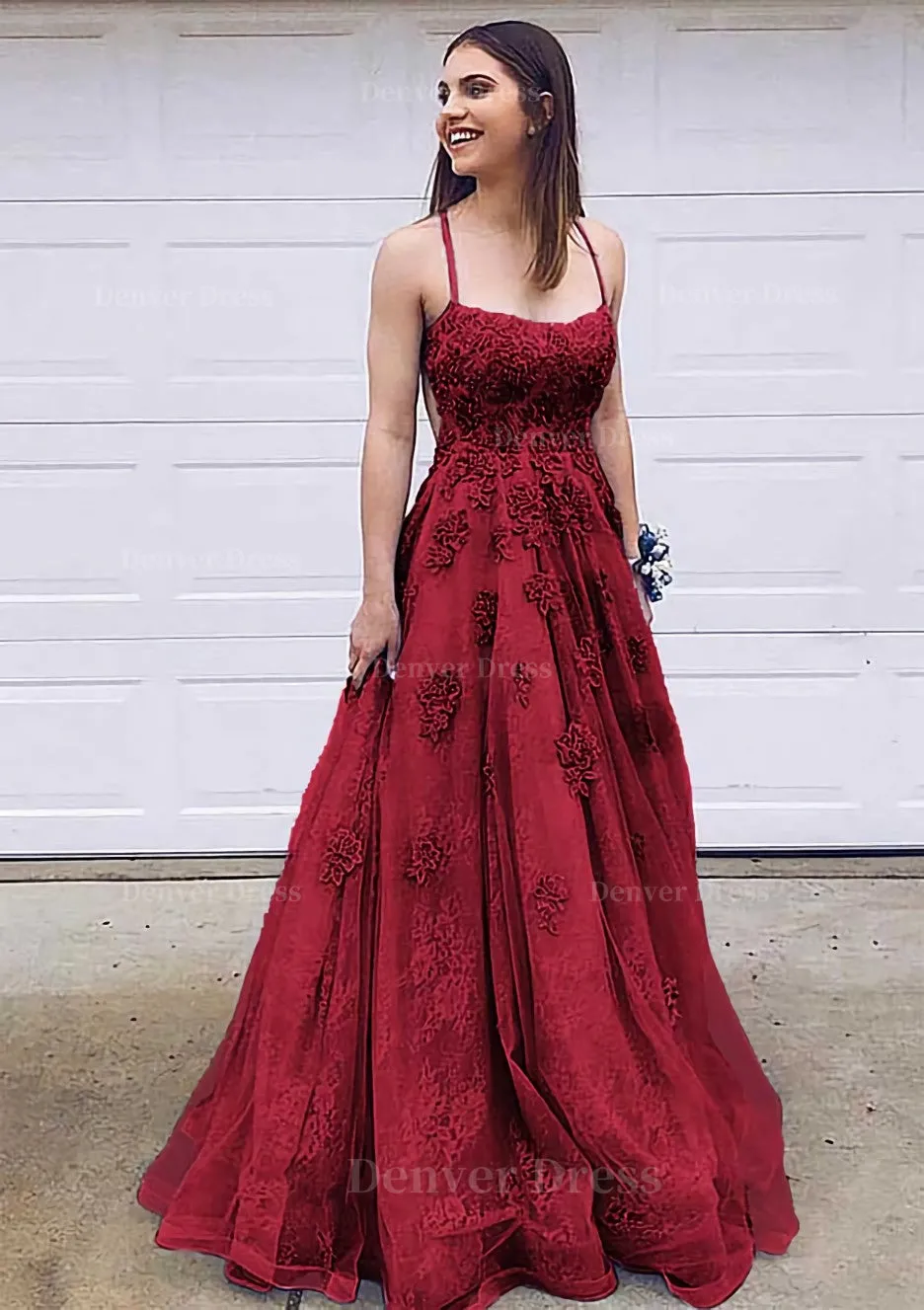 A-line Bateau Court Train Lace Prom Dress With Appliqued