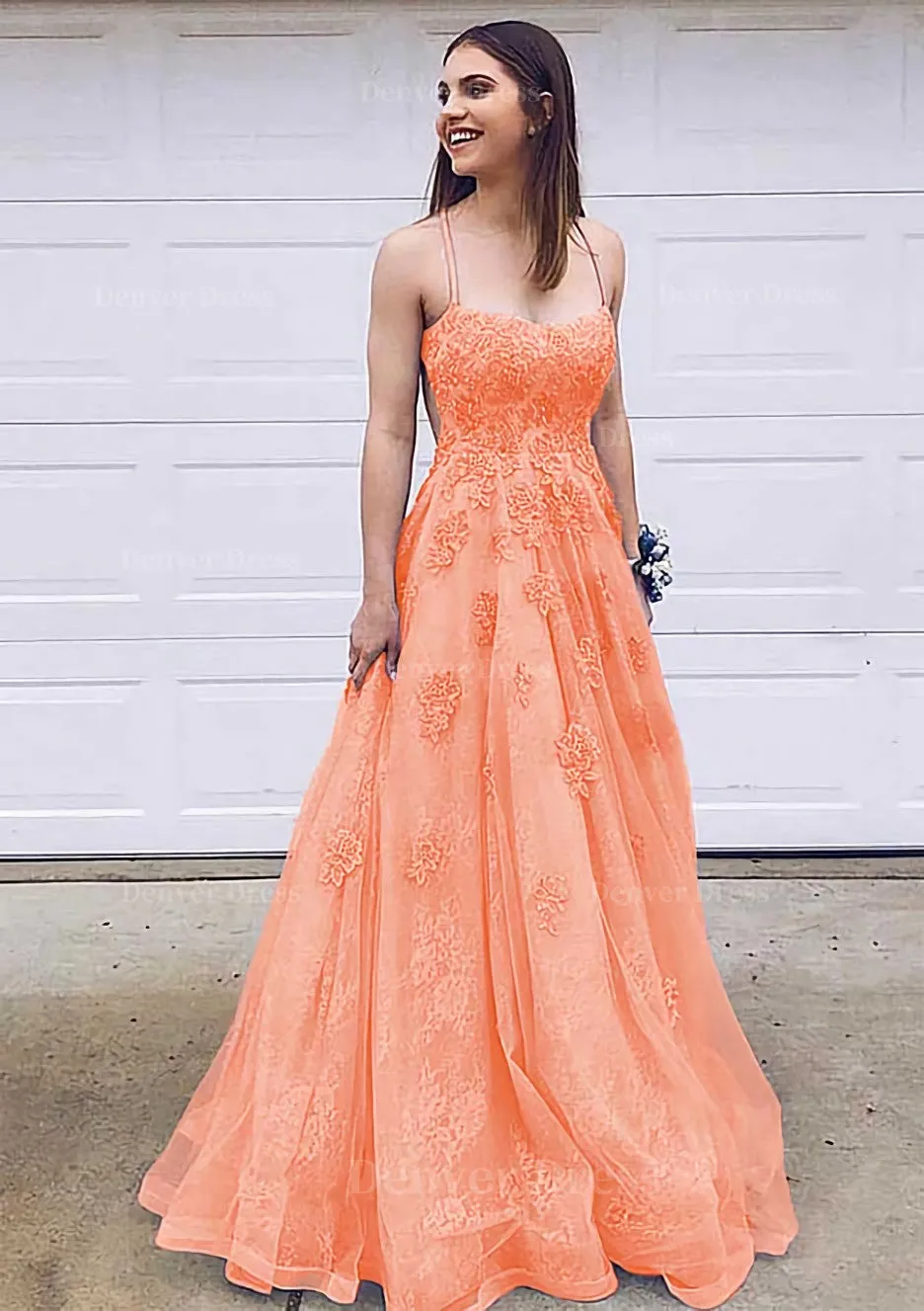 A-line Bateau Court Train Lace Prom Dress With Appliqued