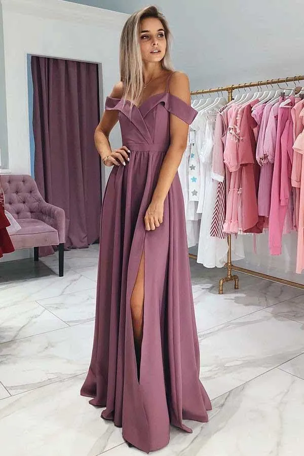 A-Line Cold Shoulder Purple Satin Prom Dress With Split, Evening Dress GRD021