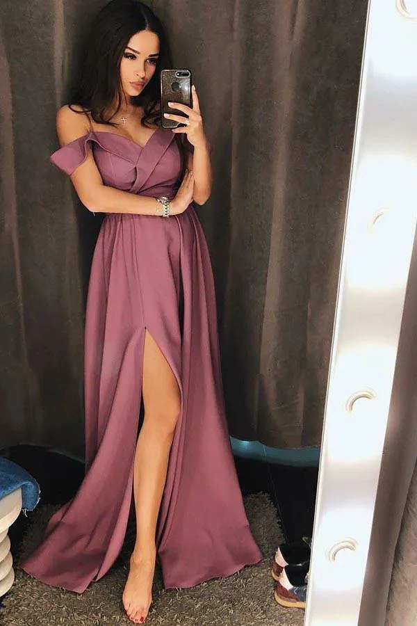 A-Line Cold Shoulder Purple Satin Prom Dress With Split, Evening Dress GRD021