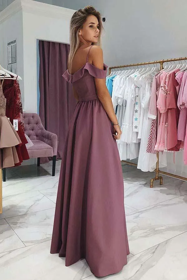 A-Line Cold Shoulder Purple Satin Prom Dress With Split, Evening Dress GRD021