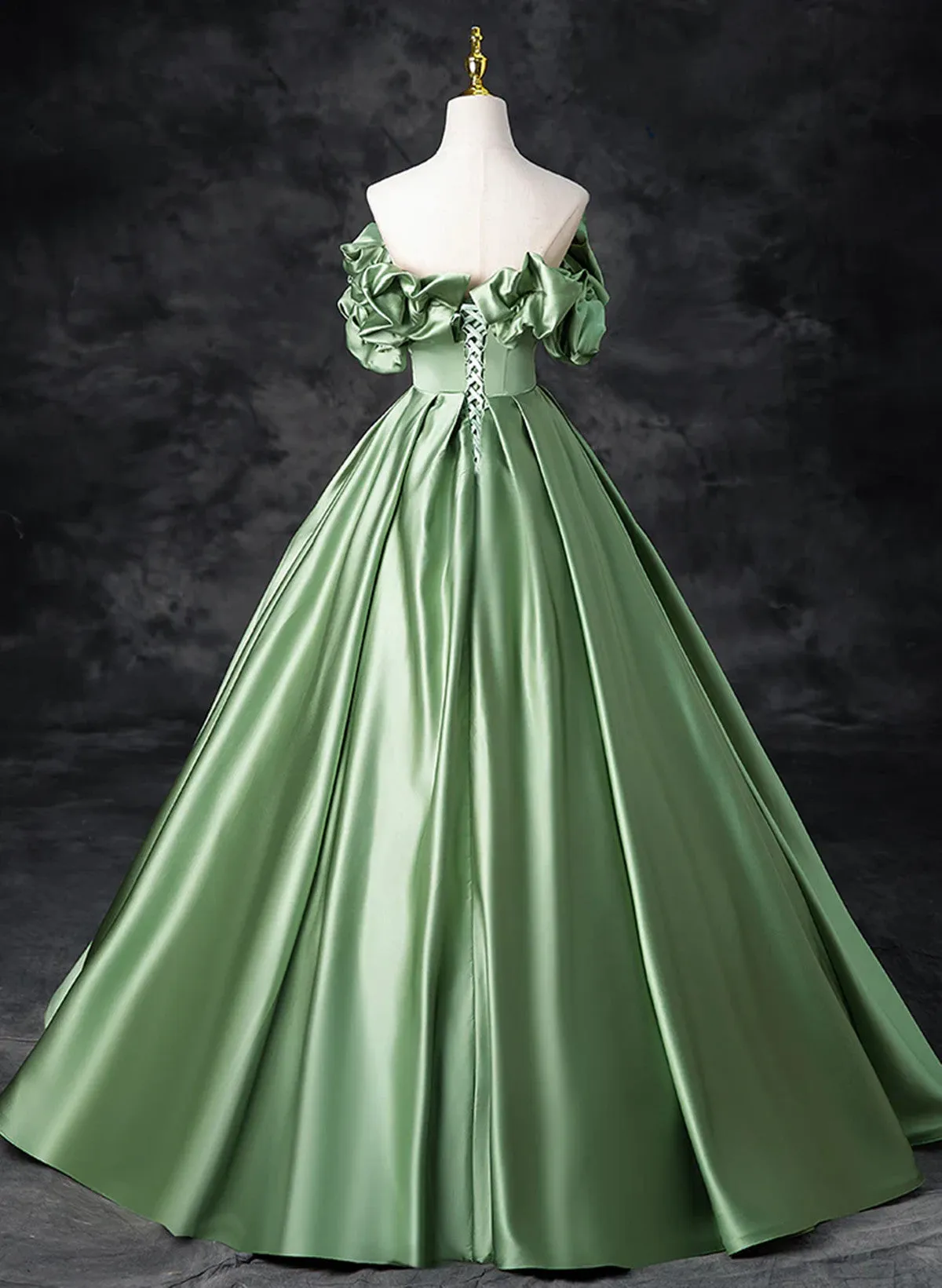 A-line Green Satin Off Shoulder Long Party Dress, Green Satin Prom Dress