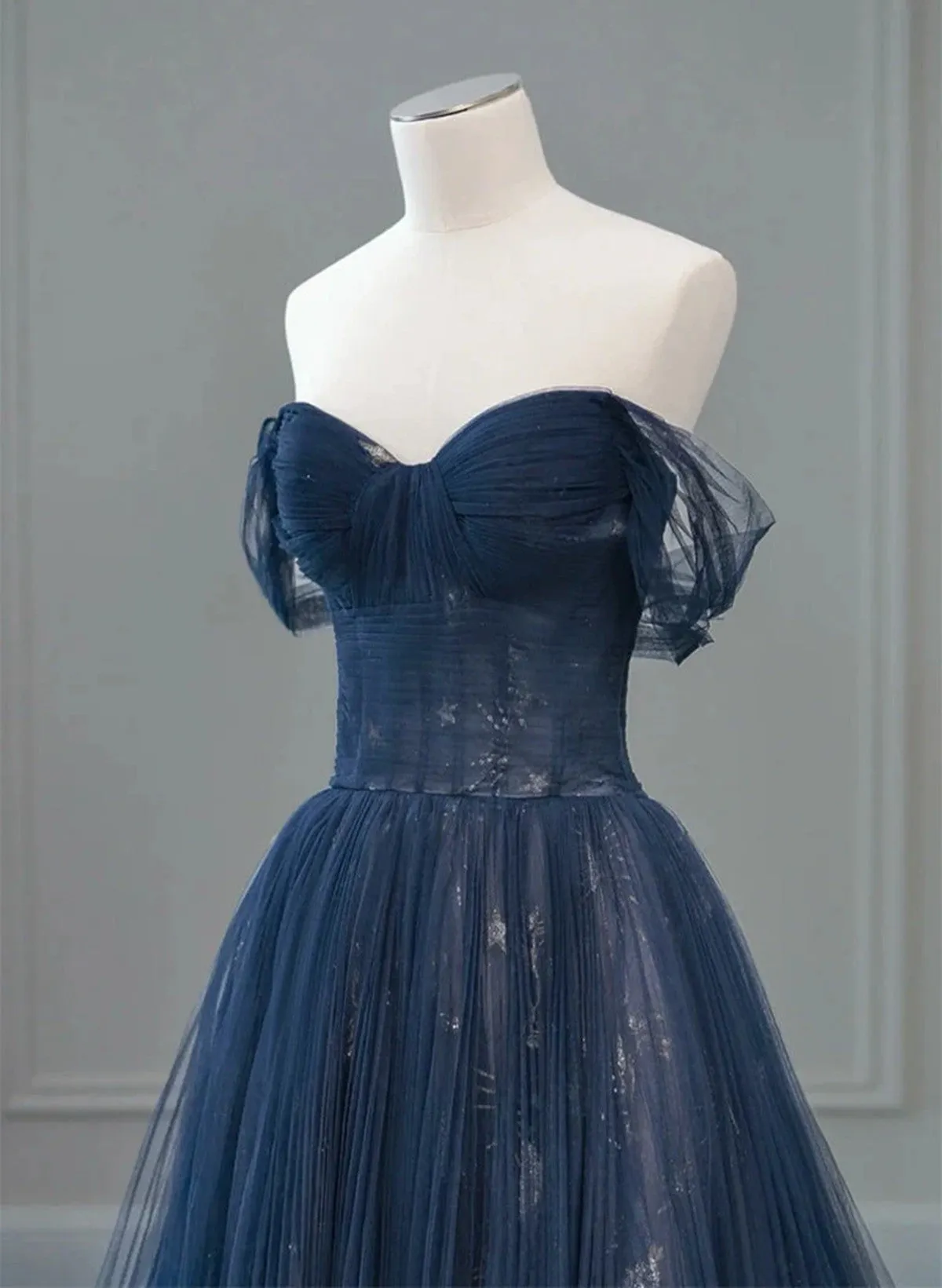 A-line Navy Blue Tulle Sweetheart Prom Dress, Navy Blue Long Evening Dress