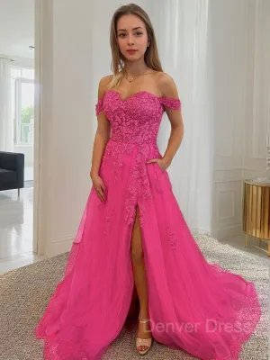 A-Line Off-the-Shoulder Court Train Tulle Prom Dresses With Leg Slit