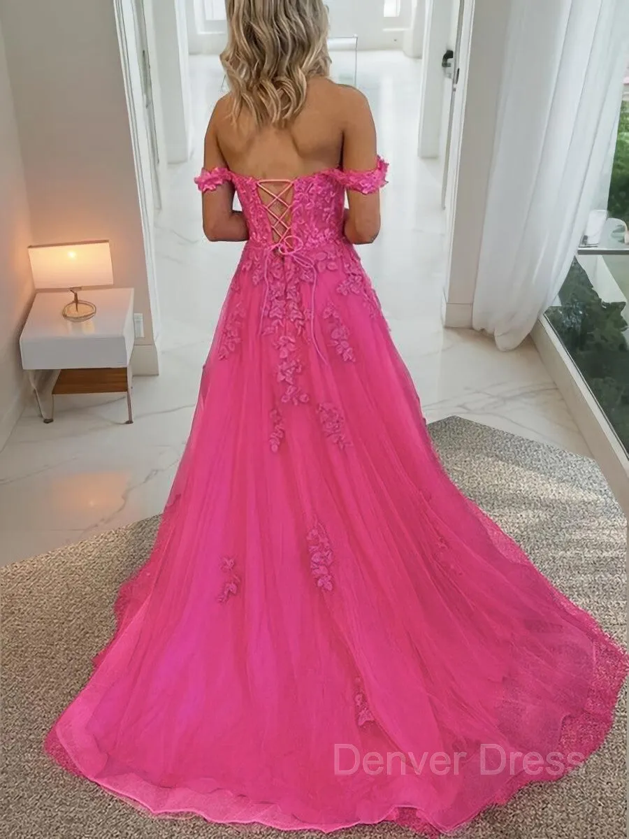 A-Line Off-the-Shoulder Court Train Tulle Prom Dresses With Leg Slit