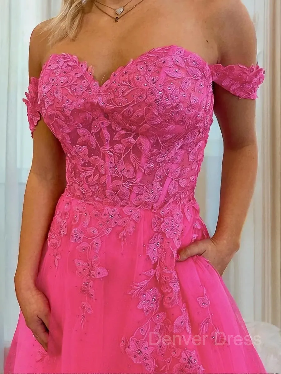 A-Line Off-the-Shoulder Court Train Tulle Prom Dresses With Leg Slit