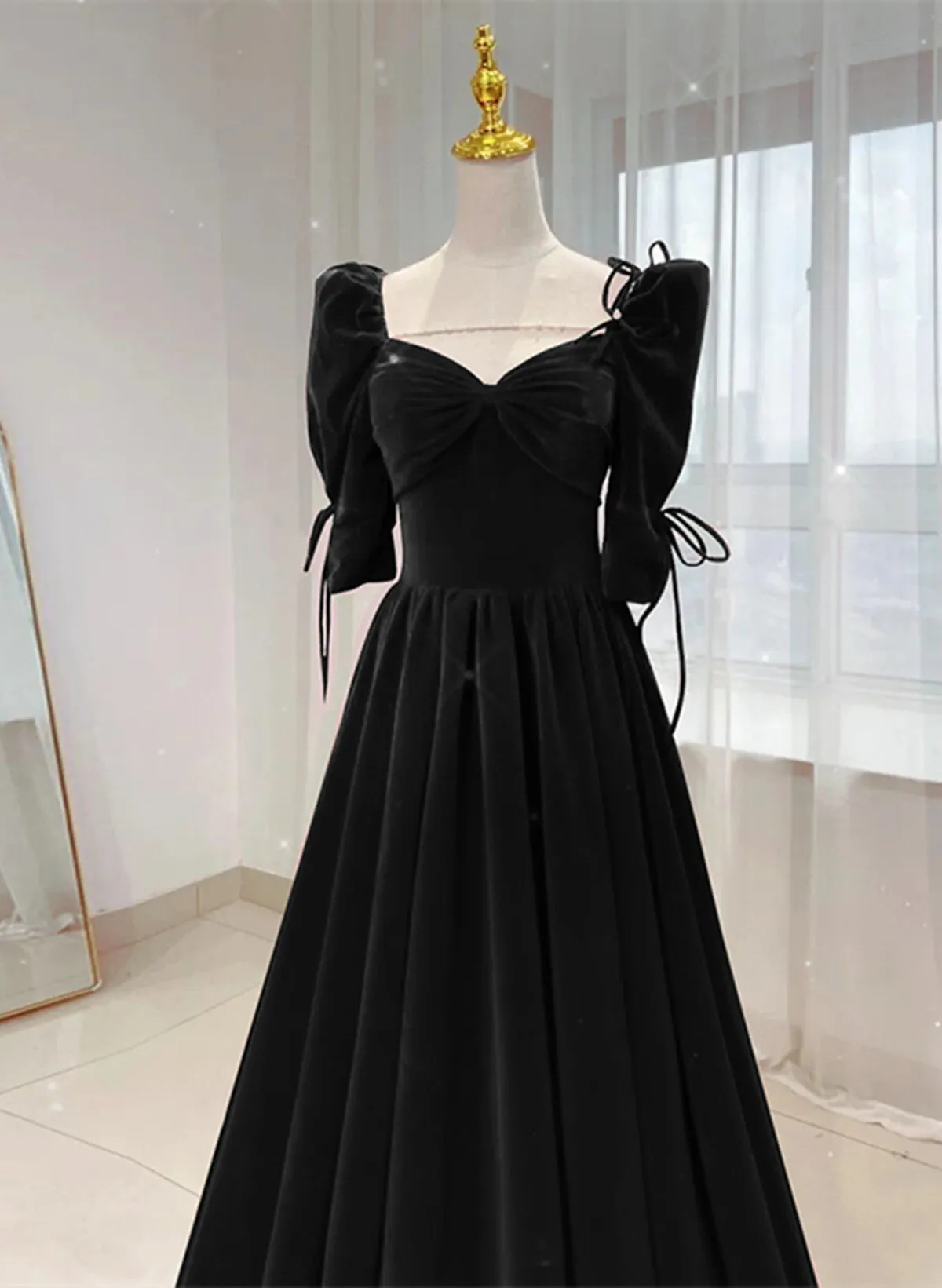 A-line Short Sleeves Floor Length Party Dress, Velvet Long Party Dress Prom Dress