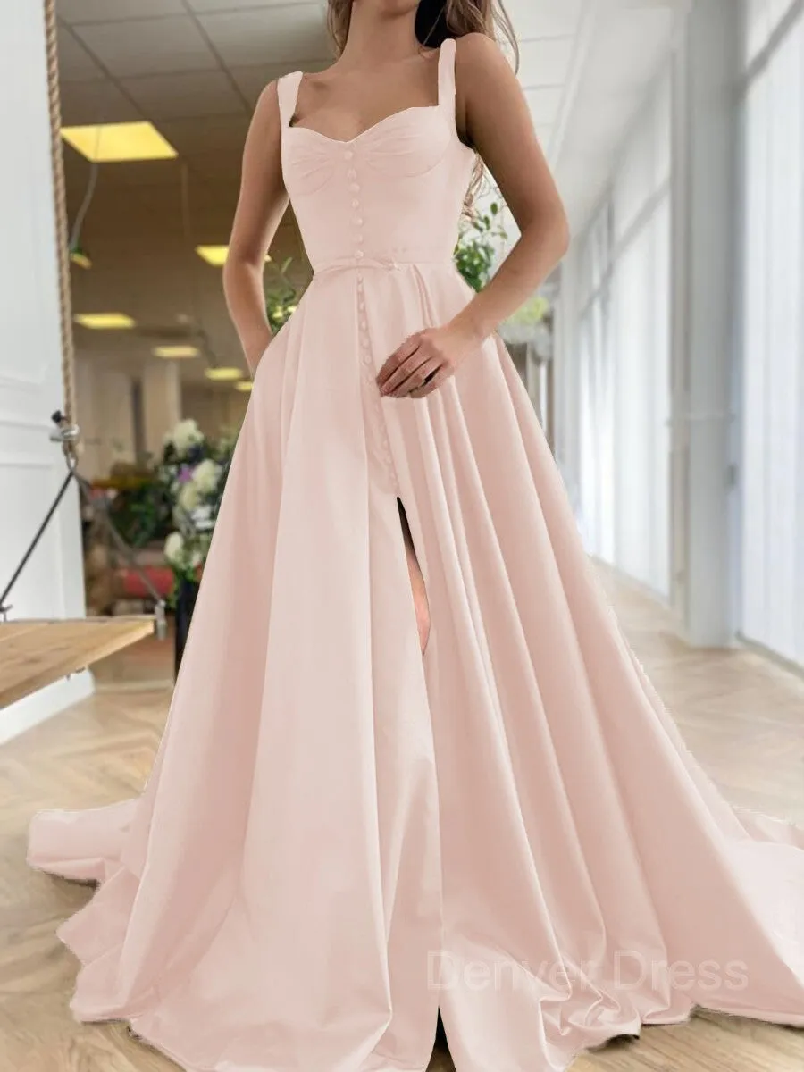 A-Line Straps Court Train Satin Prom Dresses With Pockets