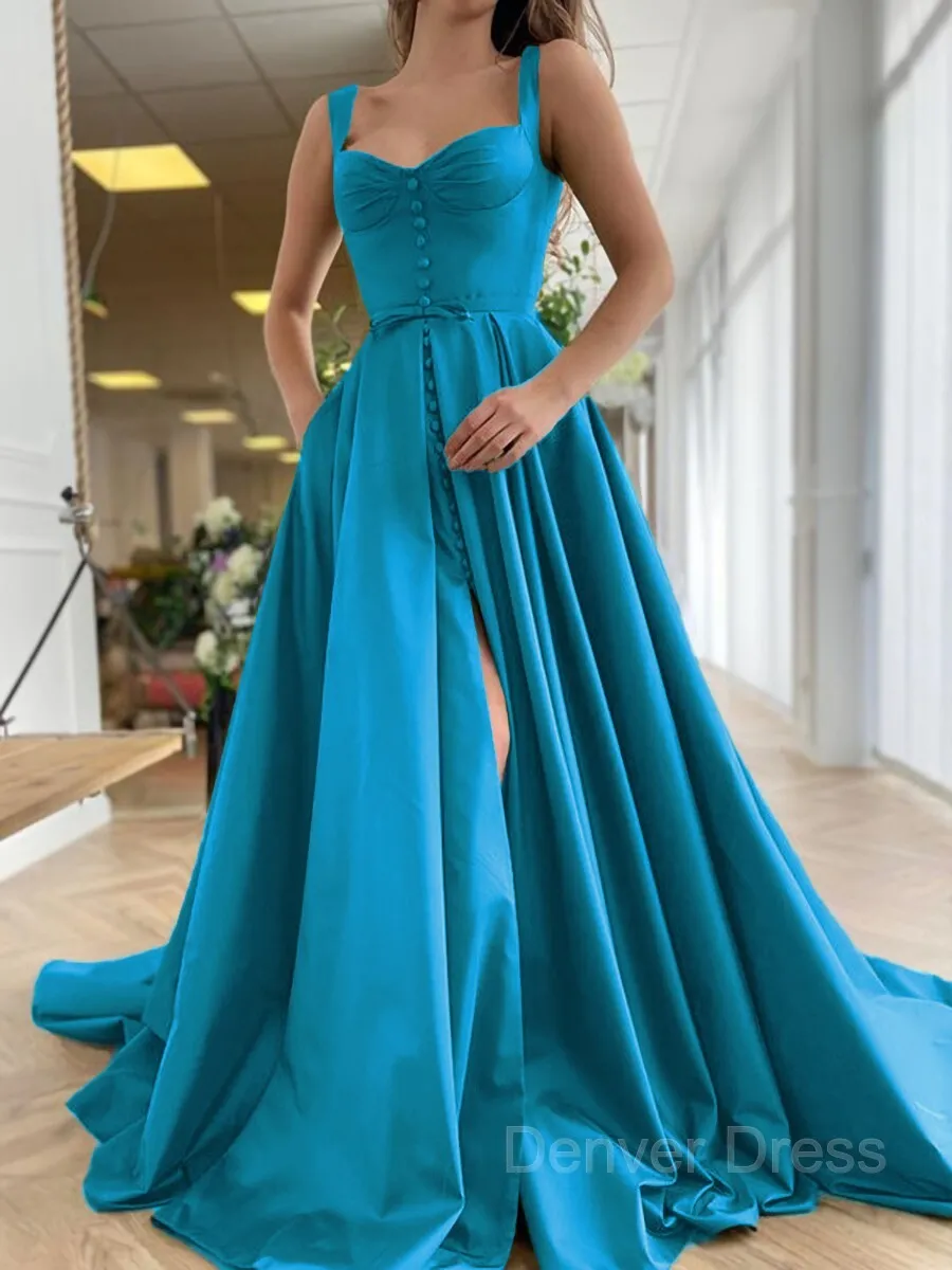 A-Line Straps Court Train Satin Prom Dresses With Pockets