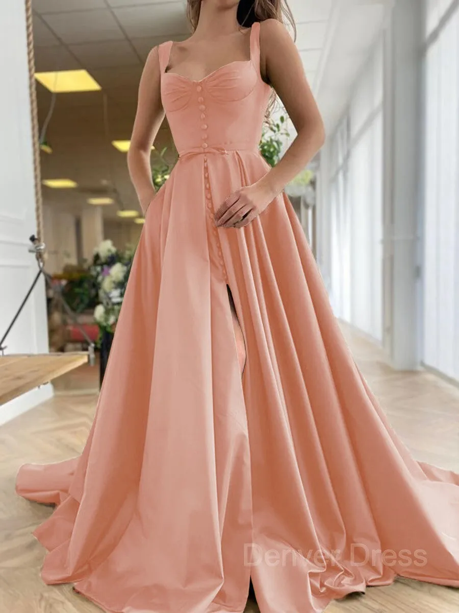 A-Line Straps Court Train Satin Prom Dresses With Pockets