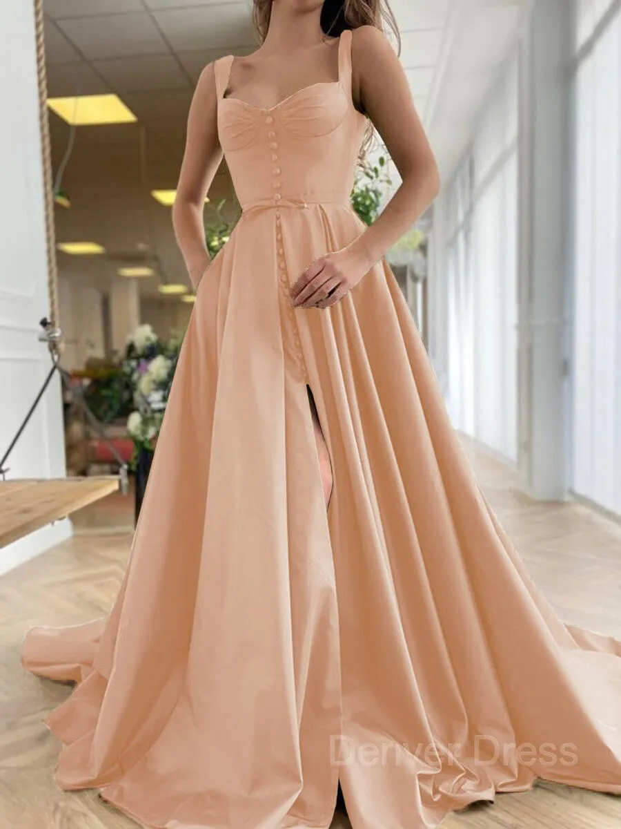 A-Line Straps Court Train Satin Prom Dresses With Pockets