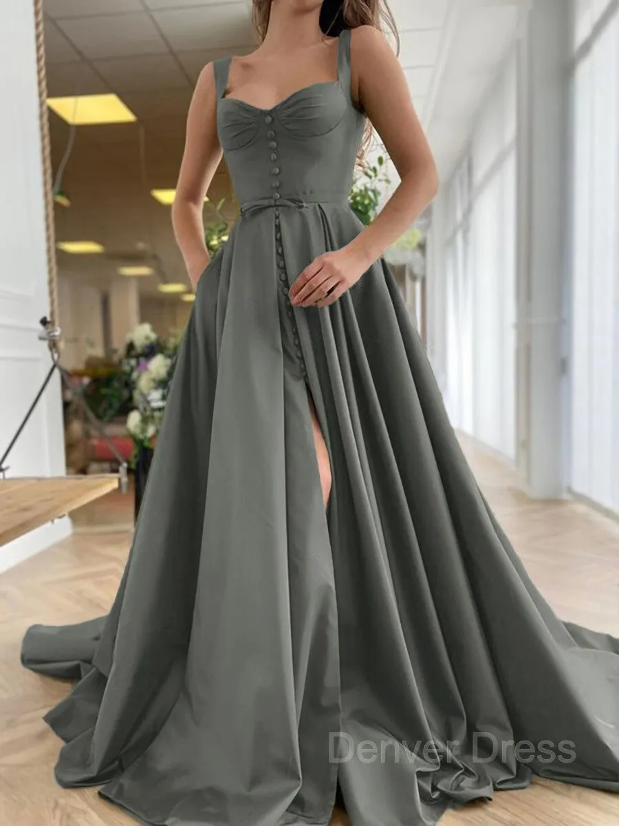 A-Line Straps Court Train Satin Prom Dresses With Pockets