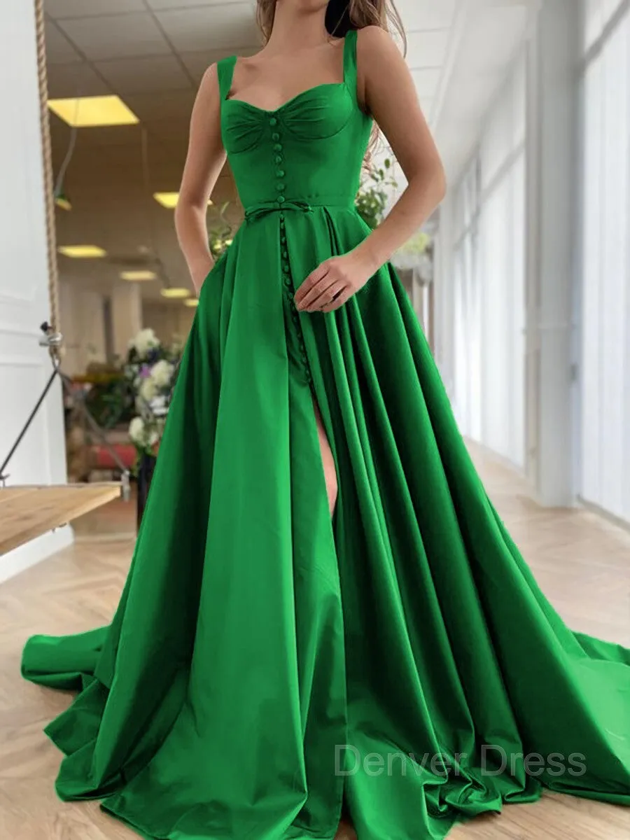 A-Line Straps Court Train Satin Prom Dresses With Pockets