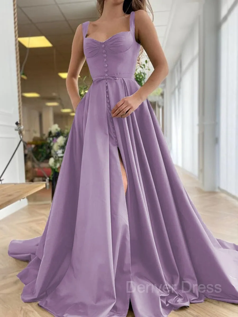 A-Line Straps Court Train Satin Prom Dresses With Pockets