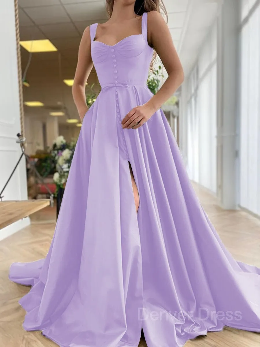 A-Line Straps Court Train Satin Prom Dresses With Pockets