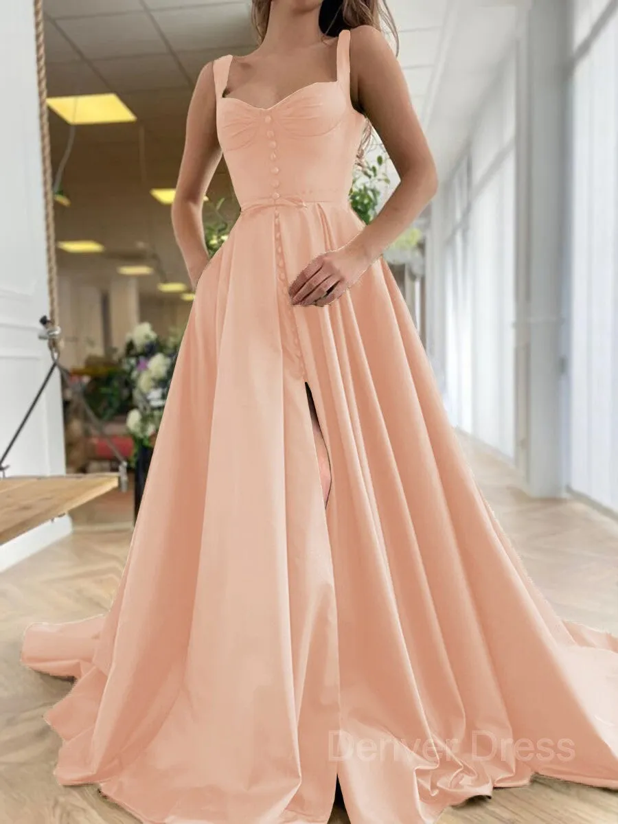 A-Line Straps Court Train Satin Prom Dresses With Pockets