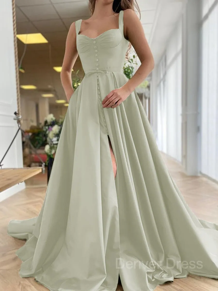 A-Line Straps Court Train Satin Prom Dresses With Pockets