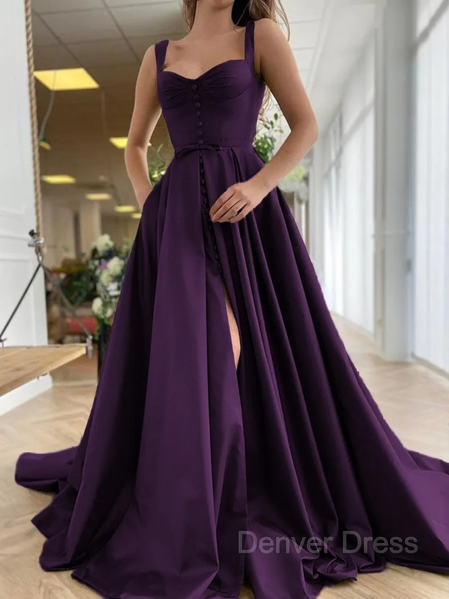 A-Line Straps Court Train Satin Prom Dresses With Pockets