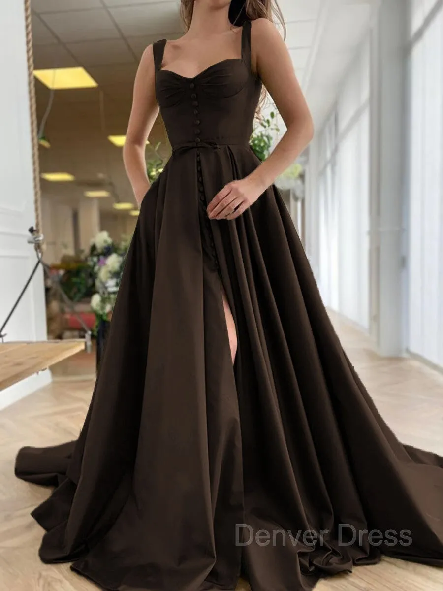 A-Line Straps Court Train Satin Prom Dresses With Pockets