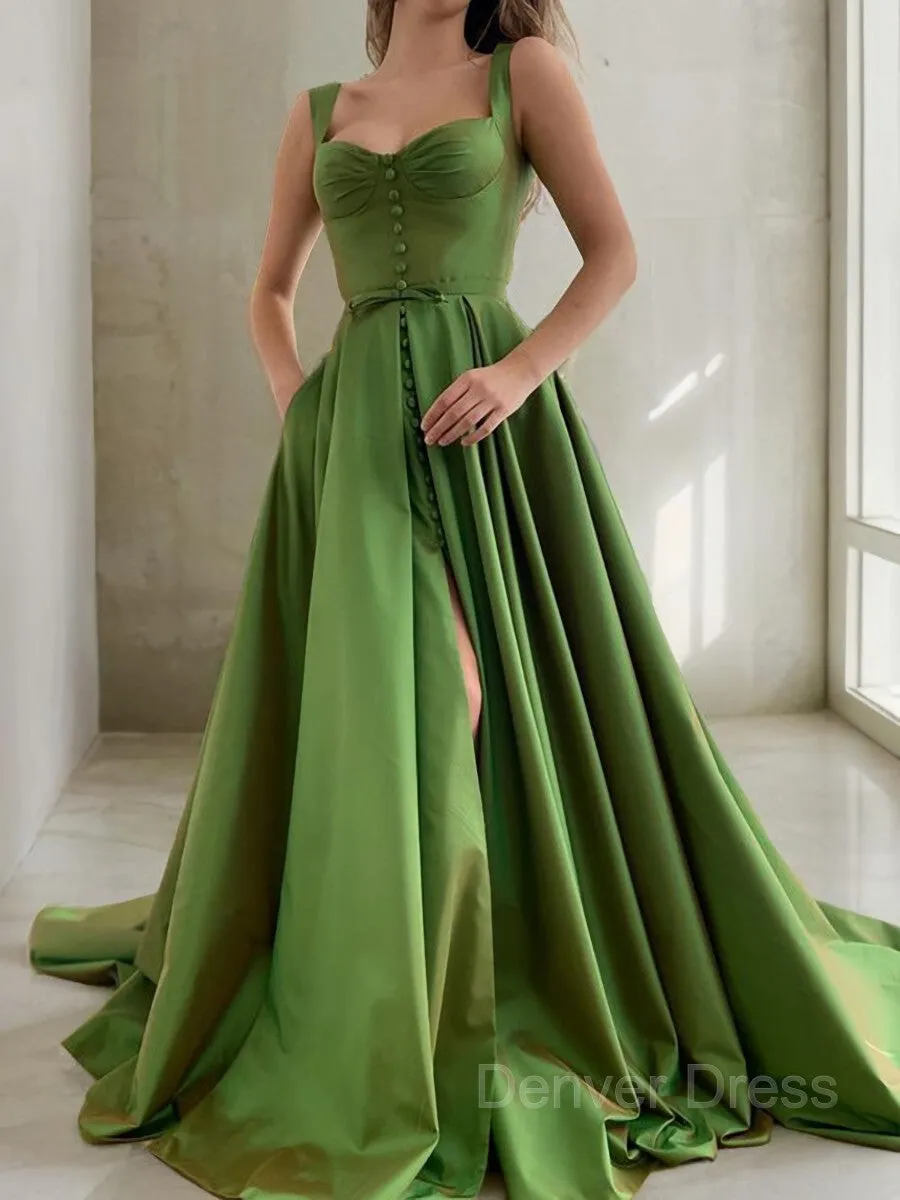 A-Line Straps Court Train Satin Prom Dresses With Pockets