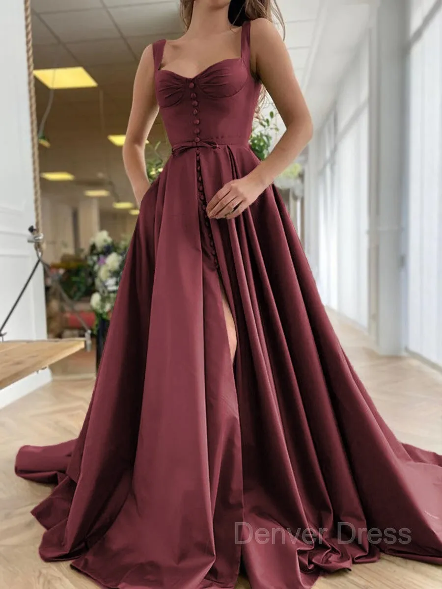 A-Line Straps Court Train Satin Prom Dresses With Pockets