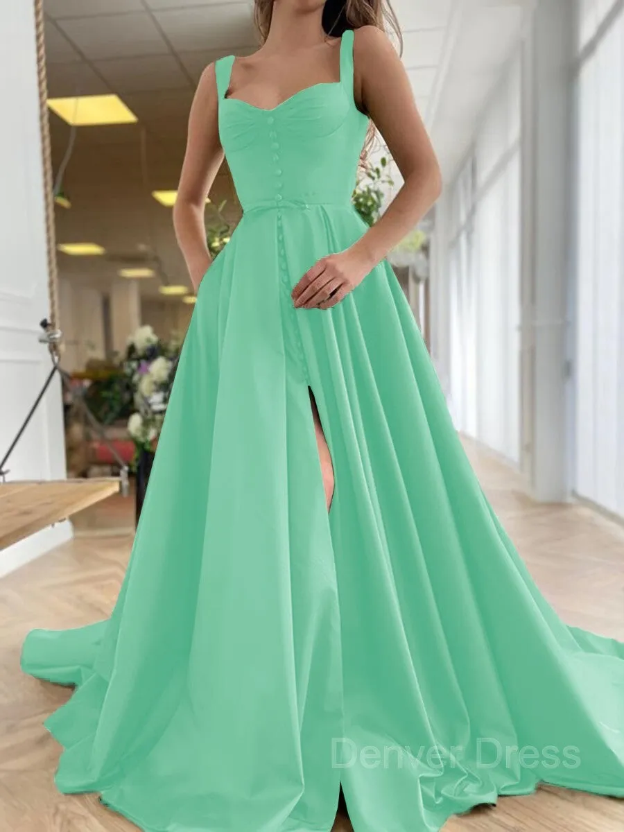 A-Line Straps Court Train Satin Prom Dresses With Pockets