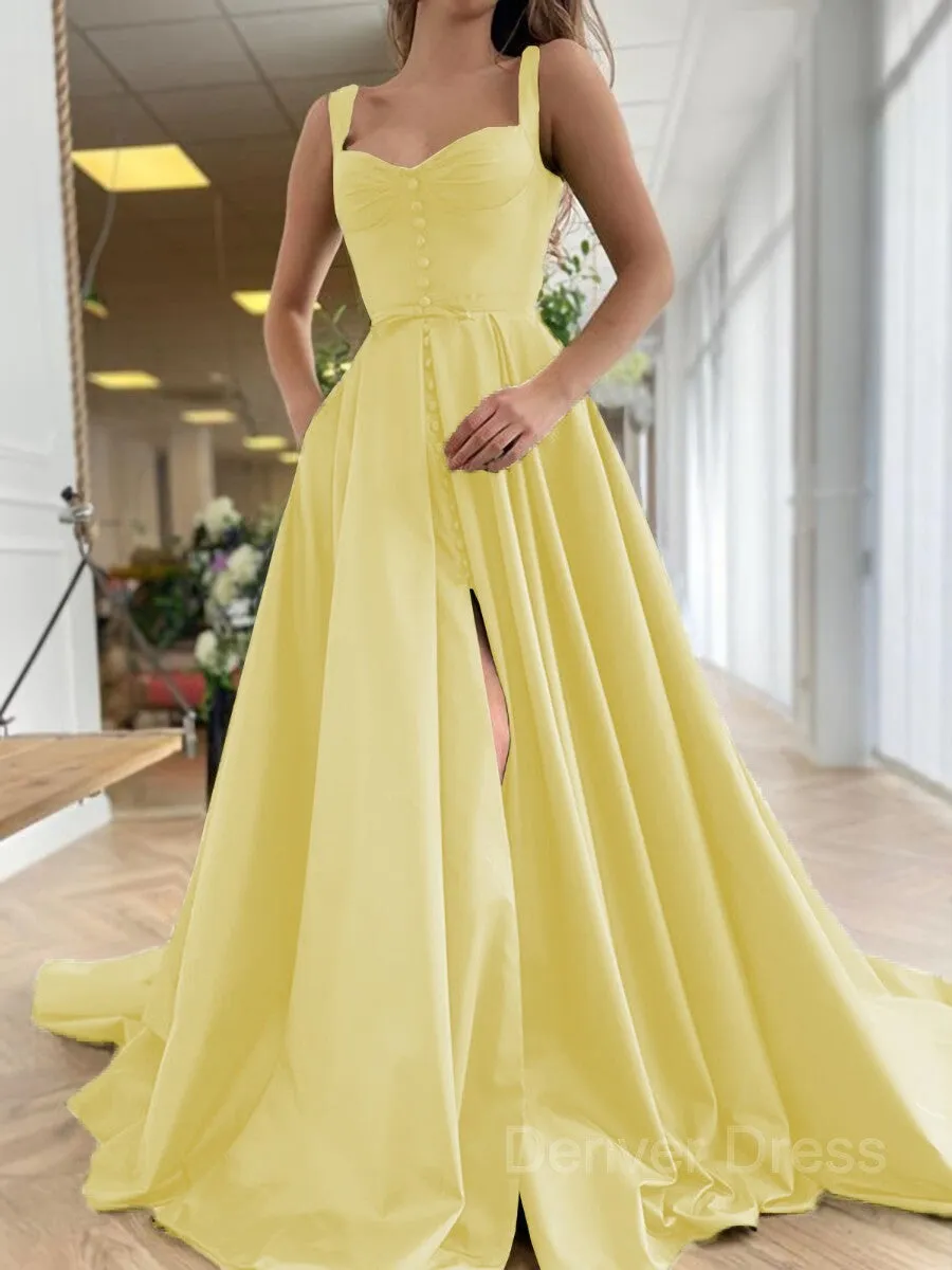 A-Line Straps Court Train Satin Prom Dresses With Pockets