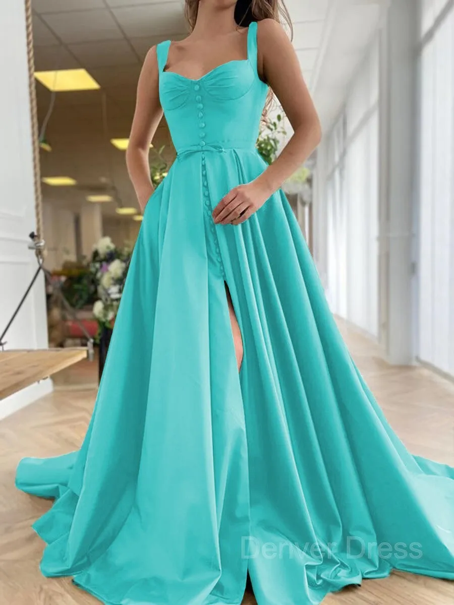 A-Line Straps Court Train Satin Prom Dresses With Pockets