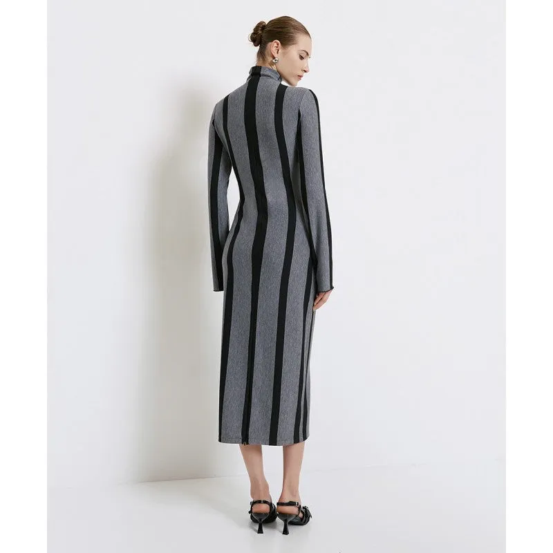 Access Fashion Black/Grey Striped Turtleneck Dress