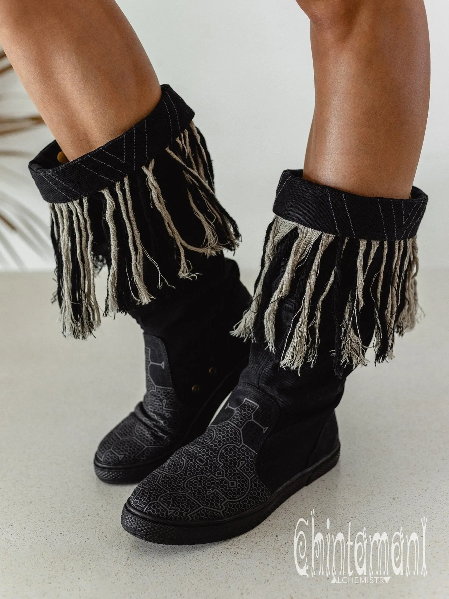 Alma Libra Cotton Canvas Vegan Fringe Boots / Boho High Shoes / Black