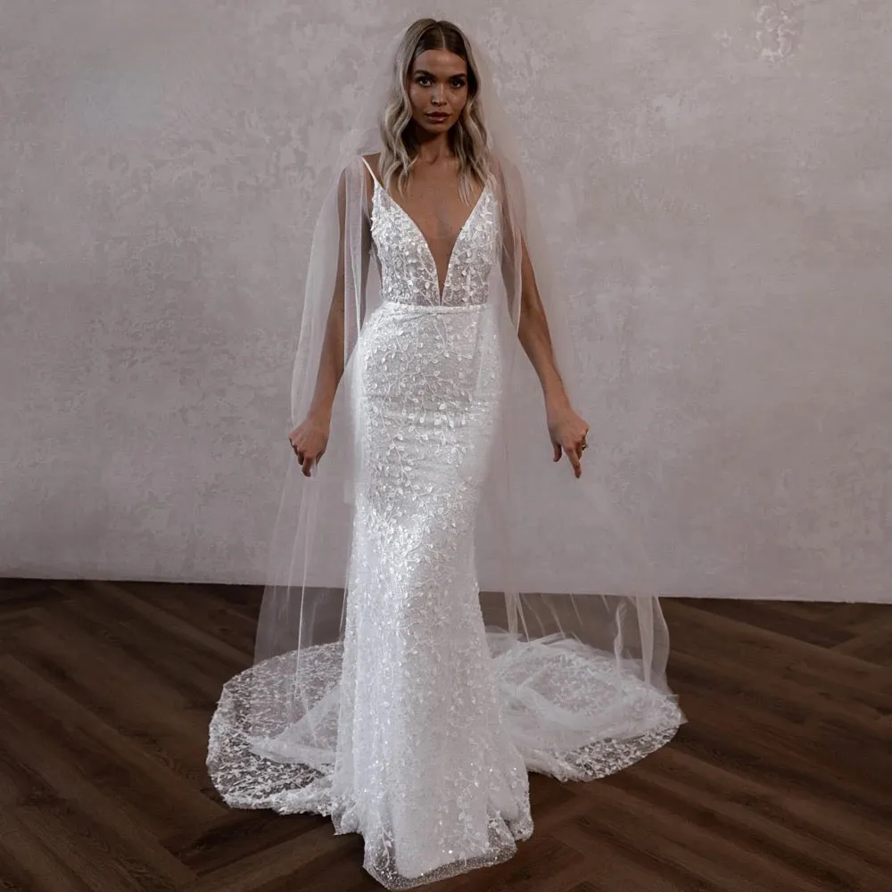 Backless V Neck Lace Mermaid Wedding Dress Luxury Beaded Court Train Gown