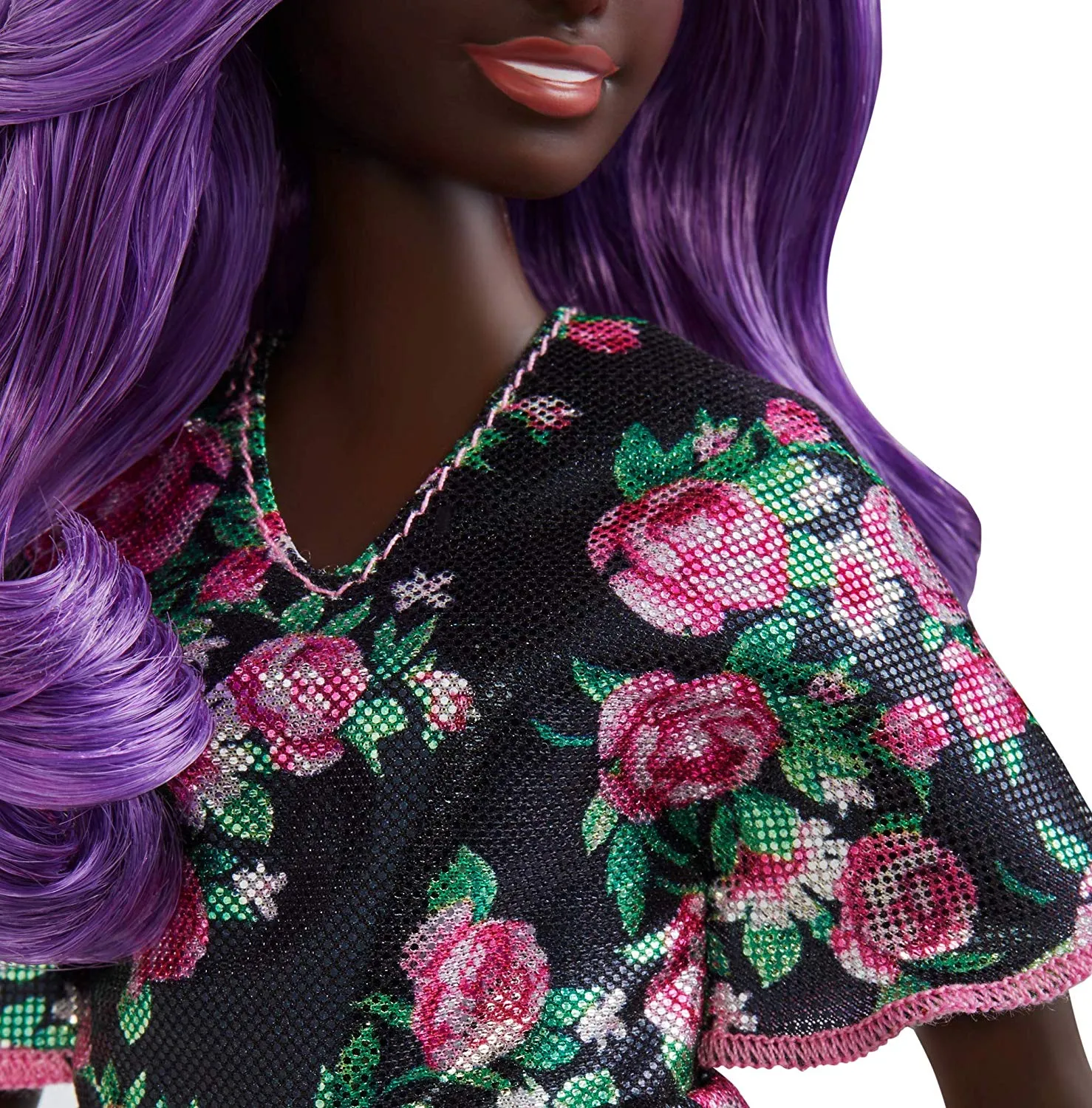 Barbie Fashionistas Doll with Purple Hair Wearing Black Floral Dress