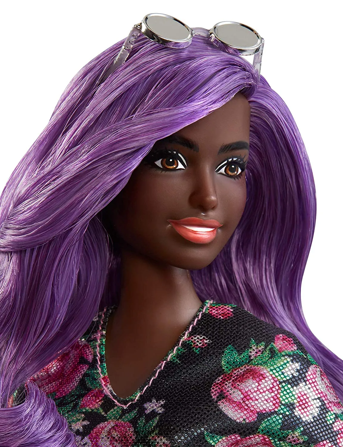 Barbie Fashionistas Doll with Purple Hair Wearing Black Floral Dress