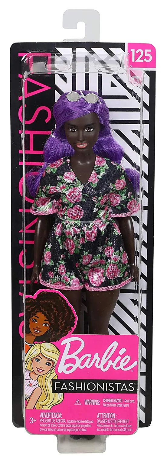 Barbie Fashionistas Doll with Purple Hair Wearing Black Floral Dress