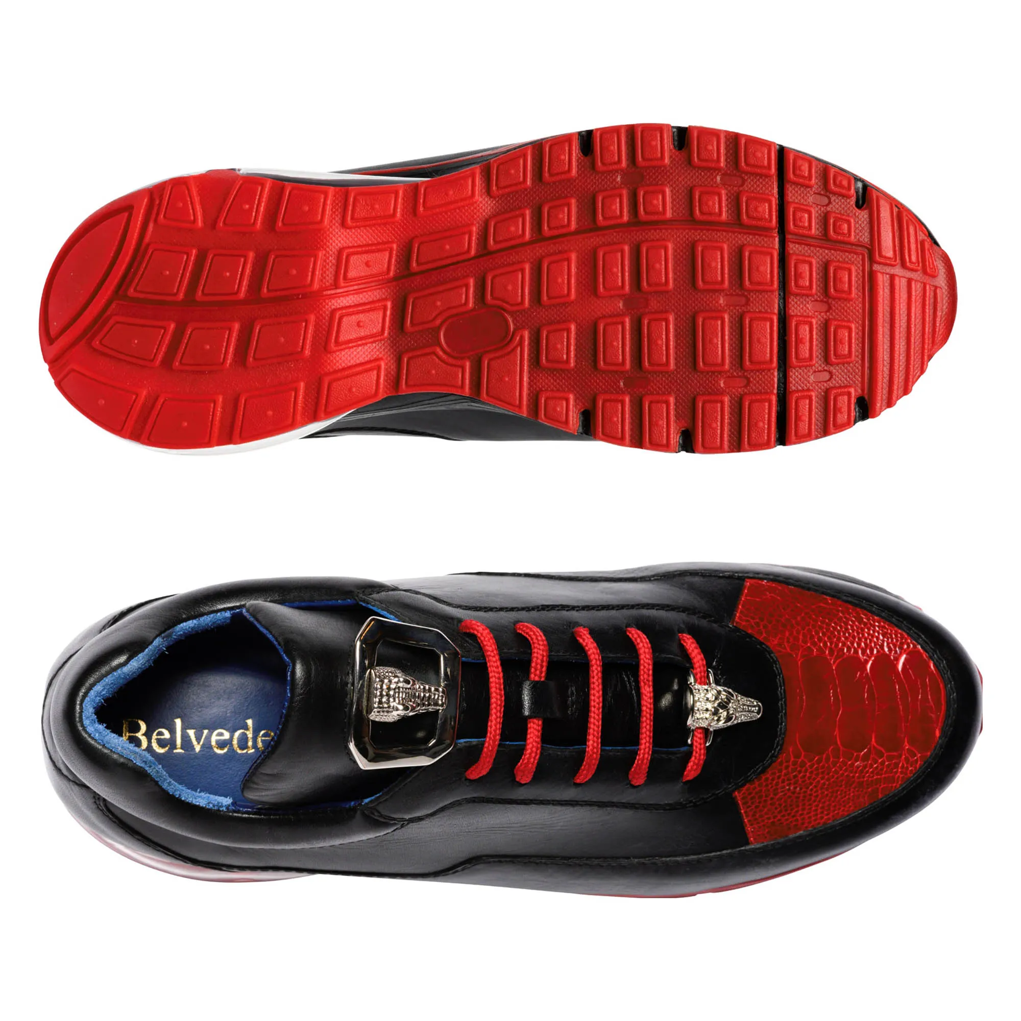 Belvedere Flash in Black / Red Caiman Crocodile / Patent / Ostrich Leg High-Top Sneakers