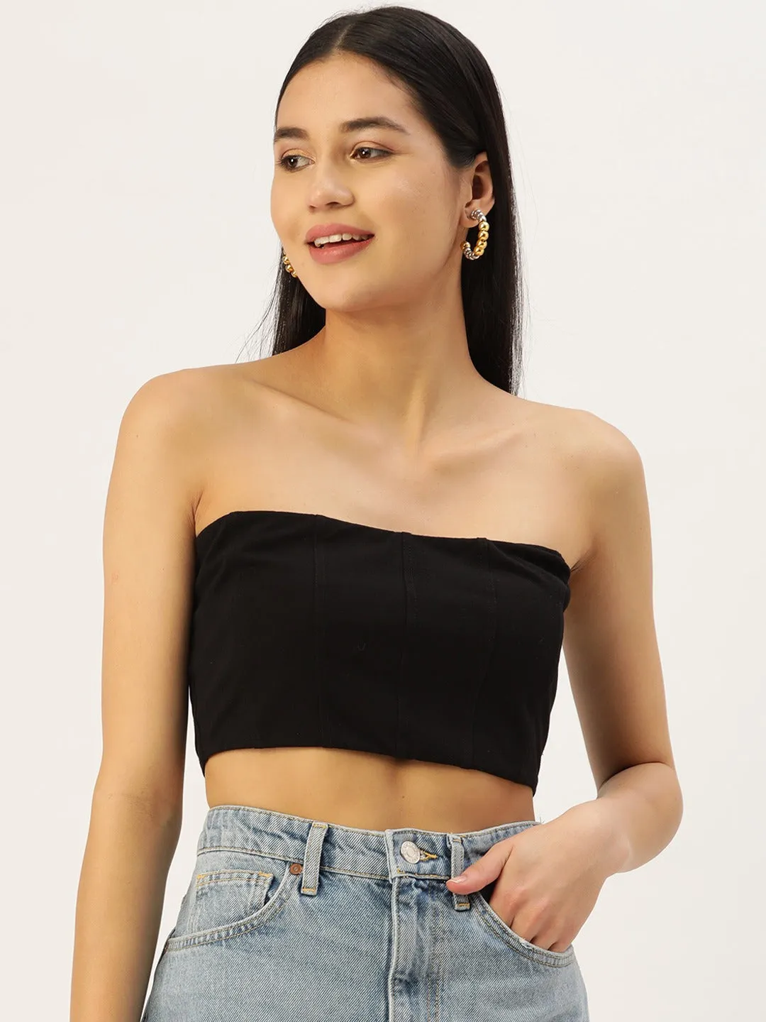 Berrylush Women Solid Black Strapless Neck Sleeveless Cotton Cropped Tube Top