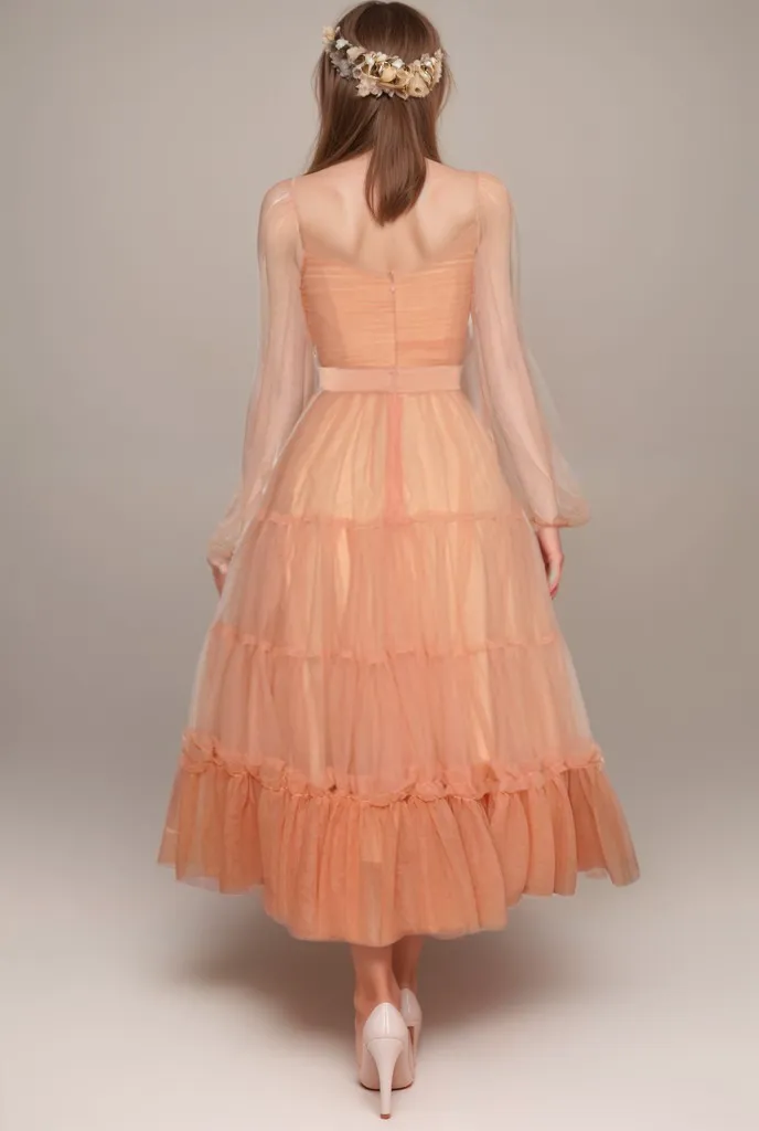 Bishop long sleeves pleated bodice layered skirt ankle length tulle prom dress