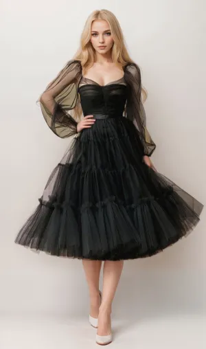 Bishop long sleeves pleated bodice layered skirt ankle length tulle prom dress