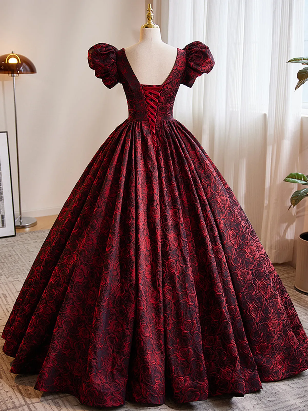 Black and Red V-neckline Puffy Sleeves Length Party Dress, Lace Long Prom Dress