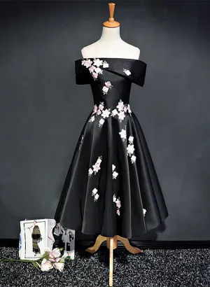 Black Knee Length Satin with Flowers Party Dress, Black Short Prom Dress Homecoming Dress