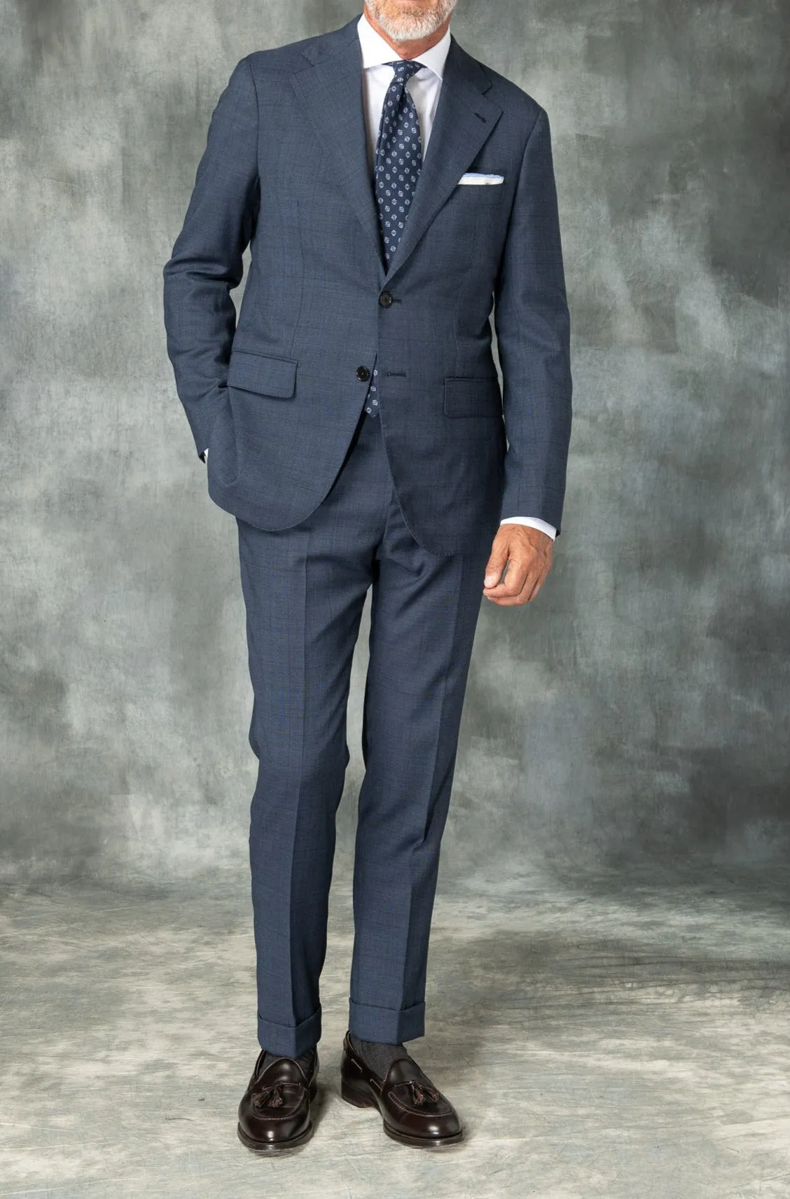 Blue Avio Prince of Wales Full Canvas suit - Made in Italy