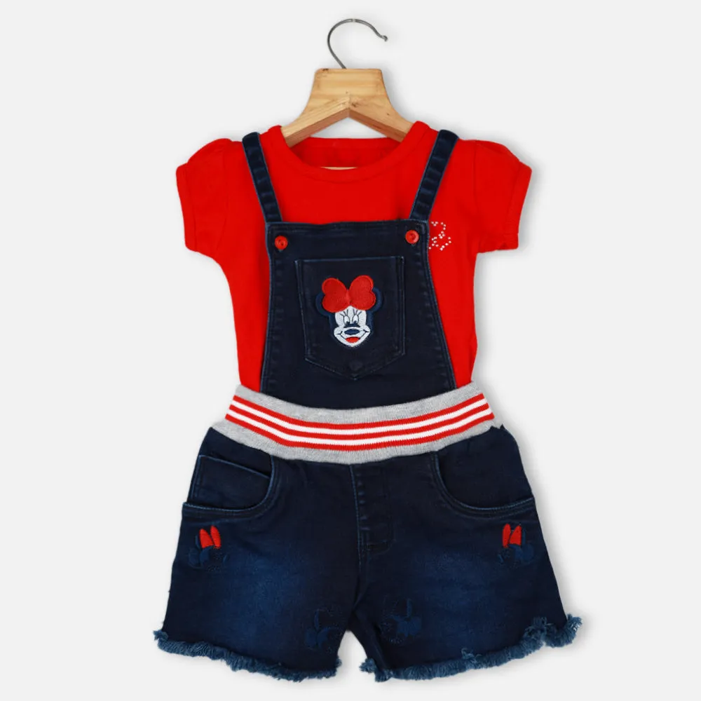 Blue Denim Mickey Mouse Embroidered Dungaree With Red Top