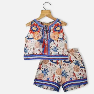 Blue Embellished Tropical Printed Top With Shorts Co-Ord Set